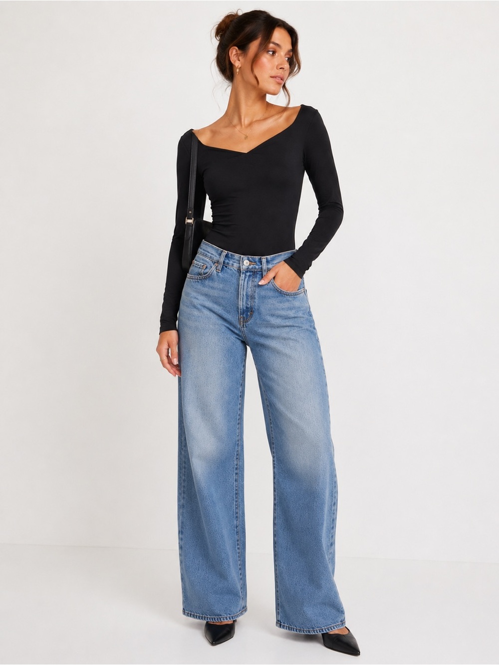 Free People Black Long Sleeve Wide Neck Bodysuit Women’s Xs Stretch Minimalist